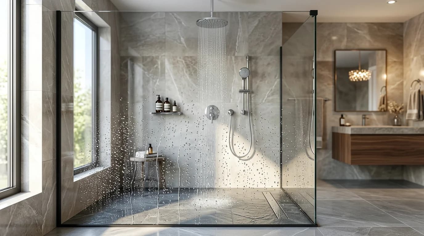 Luxe inloopdouche met nano coating, waterdrupels parels van het glas