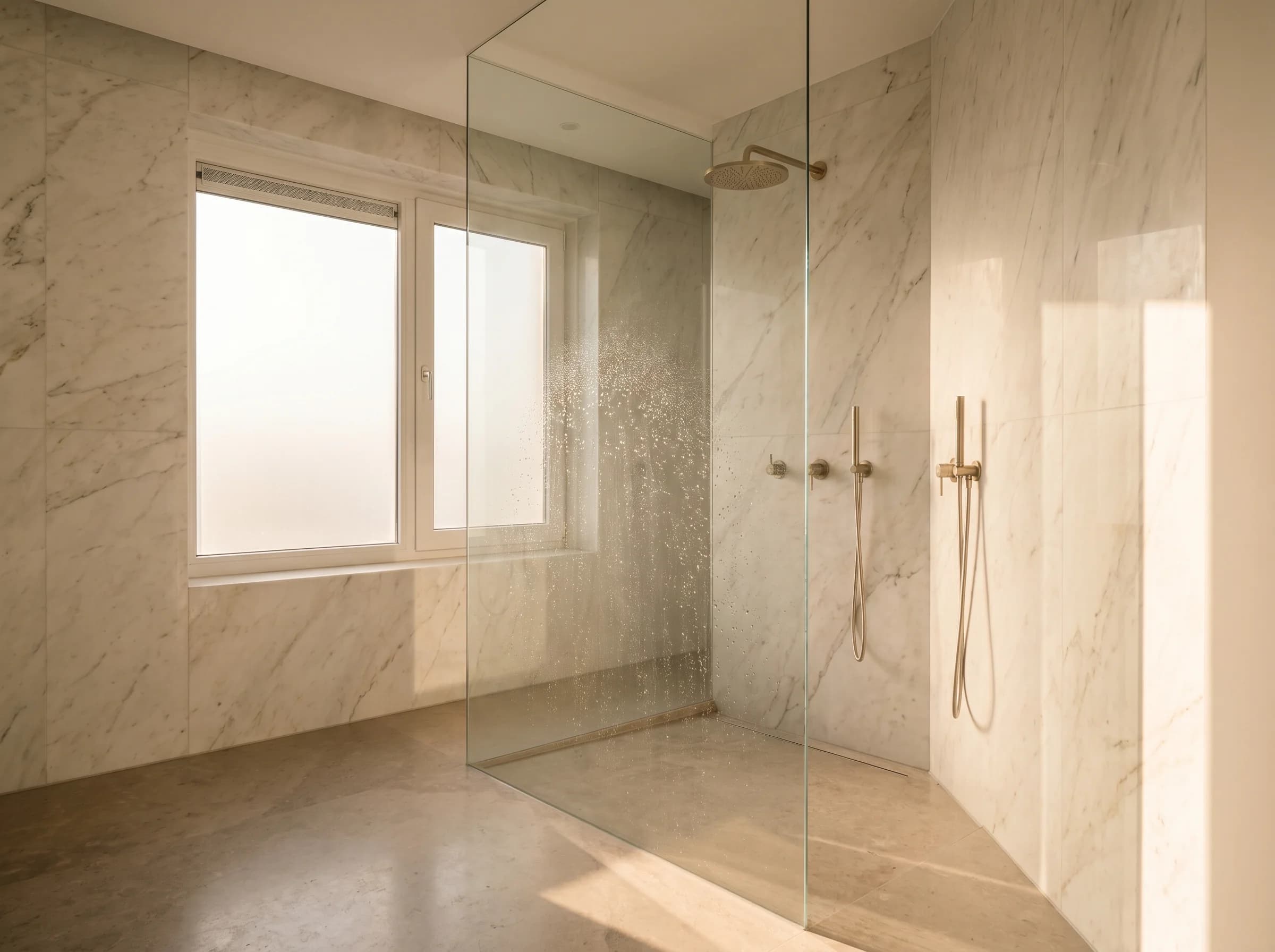 Badkamer coating Haarlem, premium badkamer met kristalheldere douchecabine en marmeren tegels na nano coating behandeling door PureLayer.