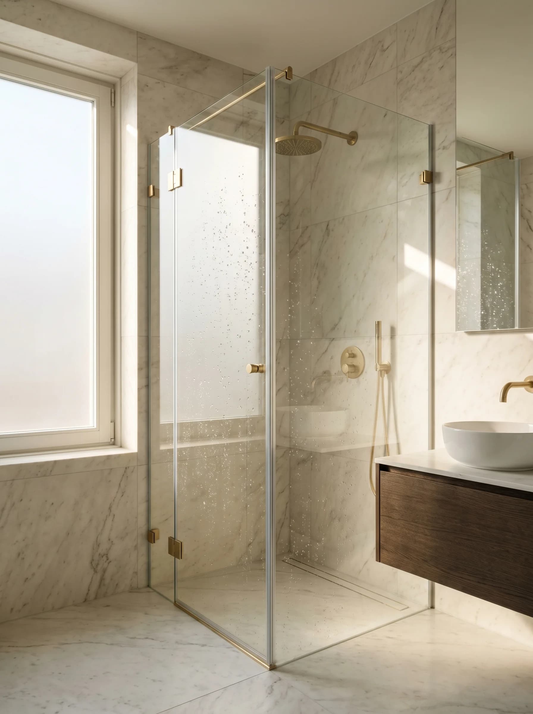 Premium badkamer met kristalheldere douchecabine en marmeren tegels na nano coating behandeling door PureLayer