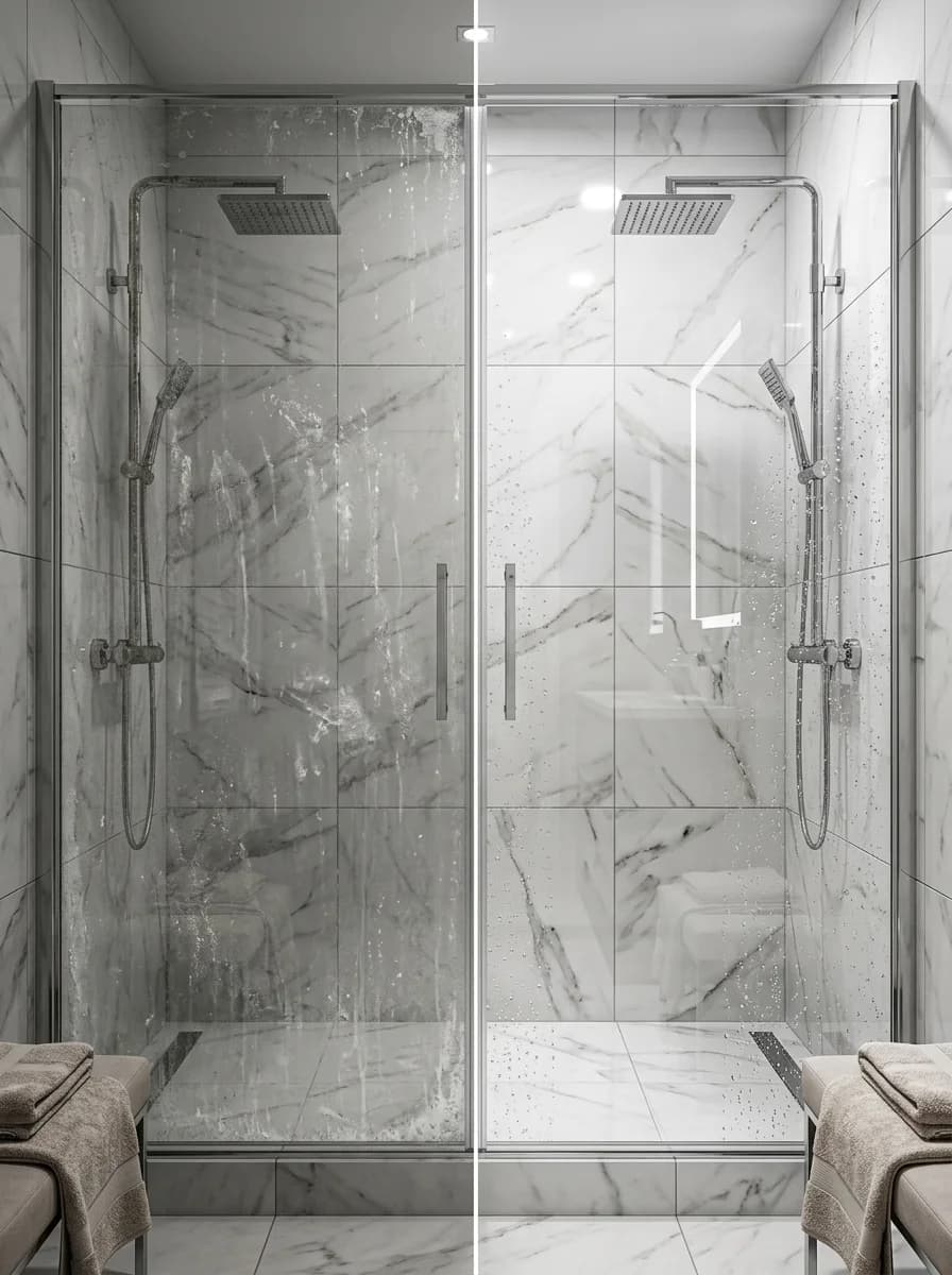 Badkamer coating Baarn, voor en na. Links: douchecabine glas vol kalkaanslag en zeepresidu. Rechts: kristalhelder glas na nano coating door PureLayer.