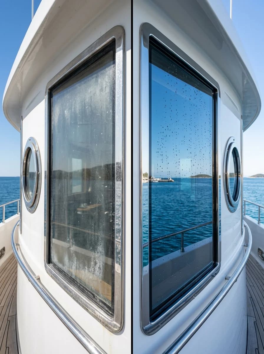 Jacht coating Weesp, voor en na. Links: patrijspoort glas met zoutneerslag en waas. Rechts: kristalhelder glas na hydrofobe nano coating door PureLayer.