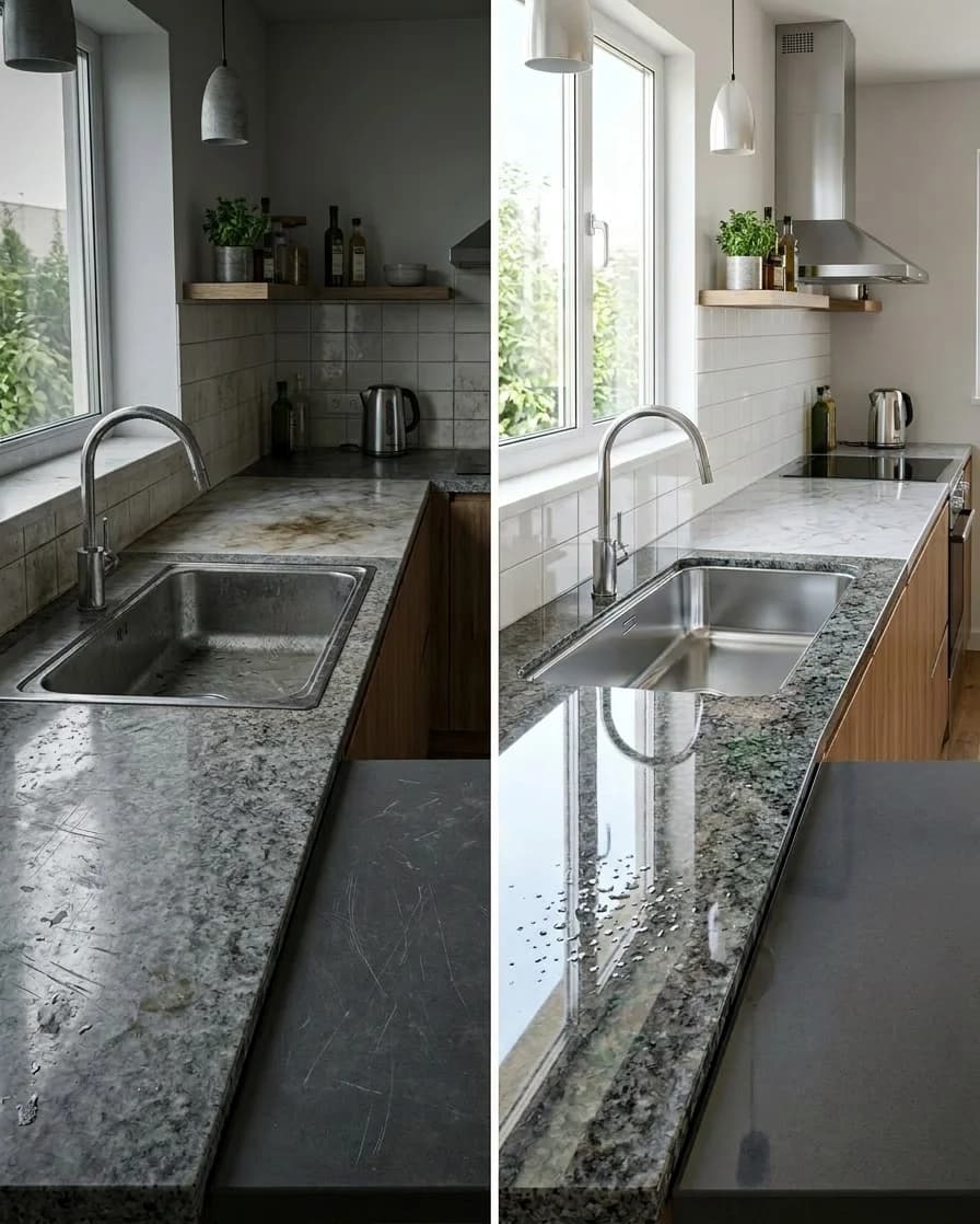 Keuken coating Weesp, voor en na. Links: aanrechtblad met krassen en vlekken. Rechts: behandeld aanrechtblad na keramische coating, glanzend en vlekkenloos.