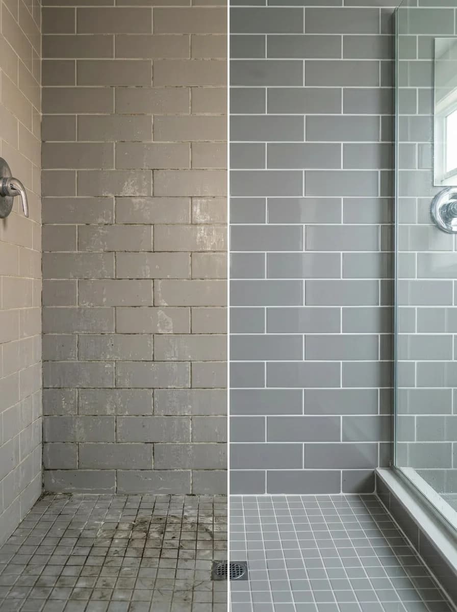 Tegel coating Weesp, voor en na. Links: badkamertegels met kalkaanslag en vervuilde voegen. Rechts: stralend schone tegels na nano coating door PureLayer.