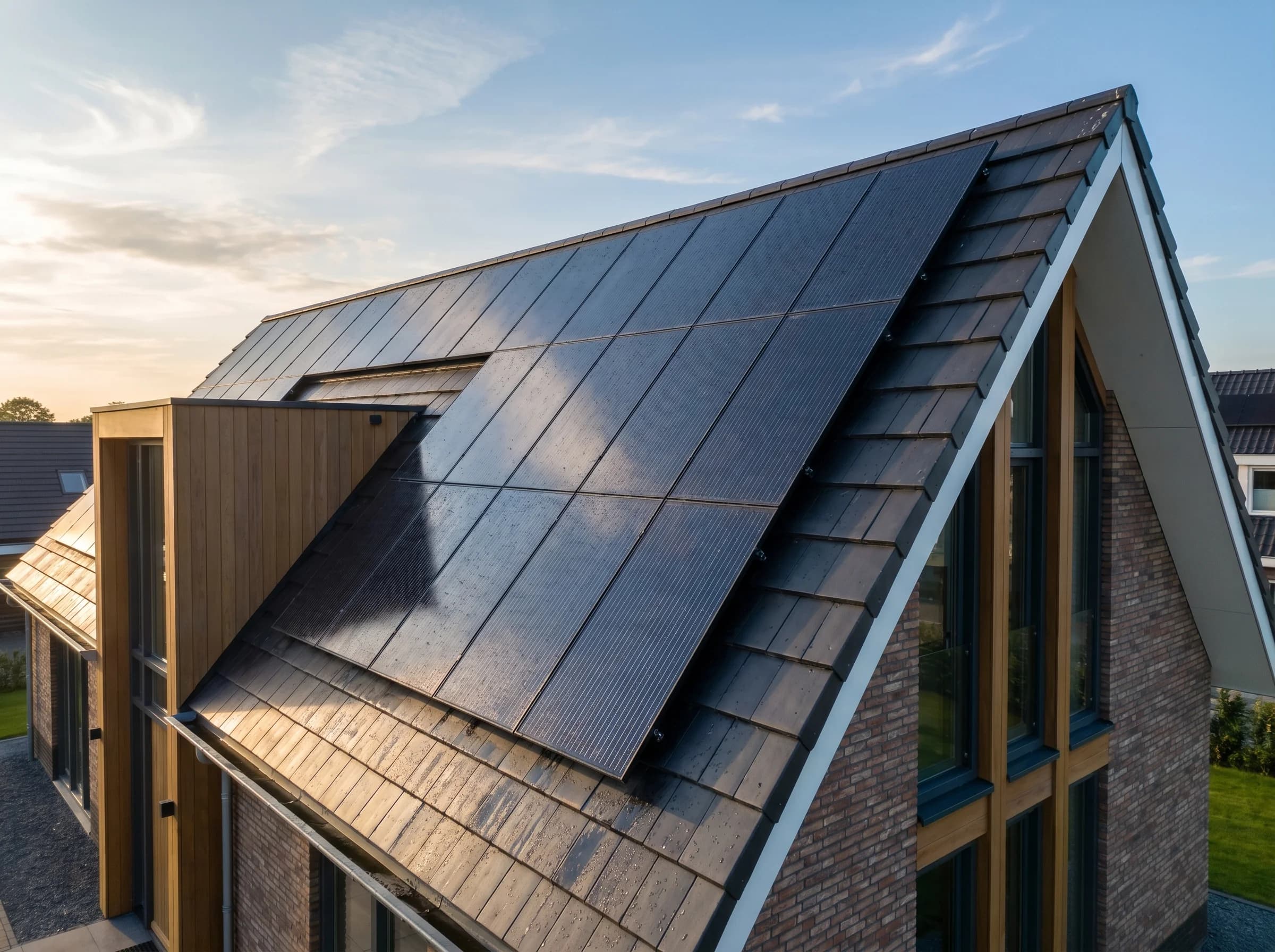 Zonnepaneel coating Almere, sleek photovoltaische panelen na hydrofobe nano coating behandeling door PureLayer, perfect schone panelen op een Nederlandse villa.