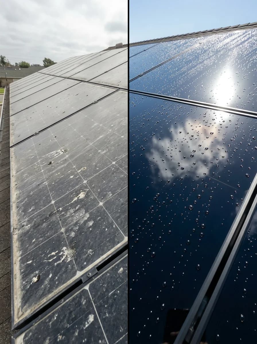 Zonnepaneel coating Haarlem, voor en na. Links: vervuilde panelen met kalkaanslag en vogelpoep. Rechts: behandelde panelen met hydrofobe nano coating.